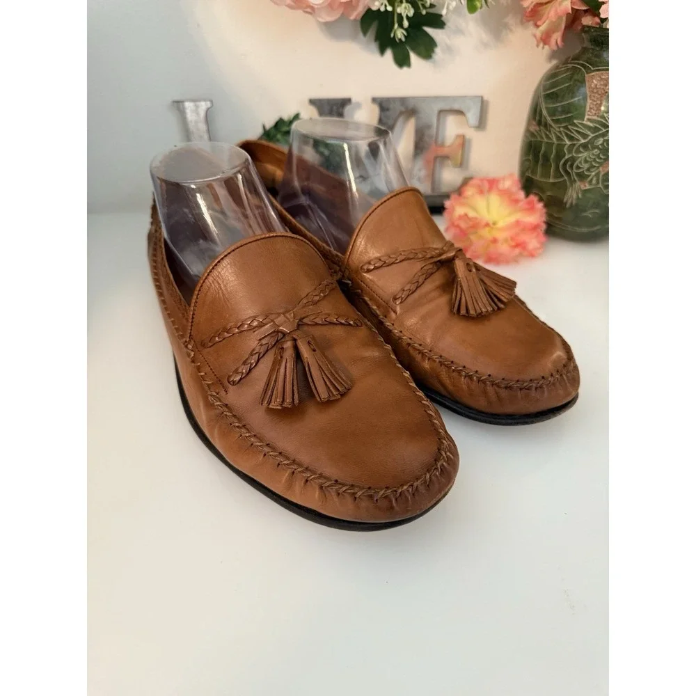 Bragano Italy Leather Tasseled Loafers Size 10.5 M Men's Moccasins Cognac Brown‎